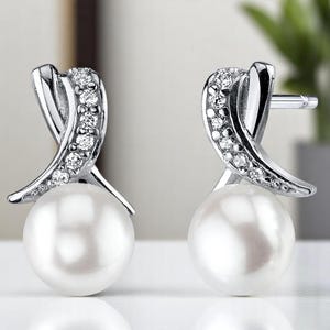 Freshwater Pearl Ribbon Earrings for Women in Sterling Silver – 6.5mm White Button Pearls with Friction Backs