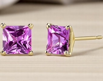 Pendientes de zafiro rosa, oro de 14 quilates, corte princesa, 3 quilates en total, hipoalergénicos, piedra de nacimiento de septiembre, regalo de cumpleaños.
