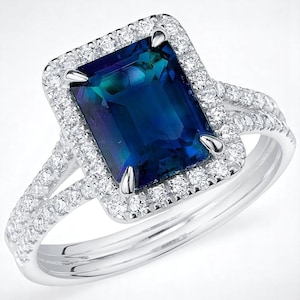Anillo de alejandrita creada y diamante cultivado en laboratorio en oro blanco de 14 quilates, piedra preciosa de talla esmeralda que cambia de color, talla 4