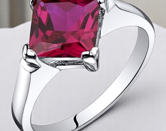 Ruby Solitaire Engagement Ring Sterling Silver, Lab Grown Princess Cut 2.25 Carat, July Birthstone, Classic Comfort Fit