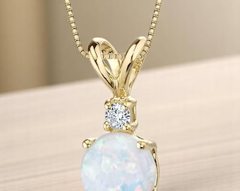 Opal and Diamond Pendant Necklace, 14k Gold Opal Necklace, October Birthstone Gift, White Opal Solitaire with Chain, Anniversary Gift