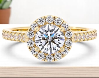 Runder Diamant Halo-Verlobungsring 14K Gelbgold, 1.20 Karat Laborgewachsener Diamant, F-G Farbe VS Klarheit, April Geburtsstein