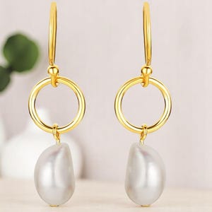 Freshwater Pearl Dangle Earrings for Women, Yellow Gold Sterling Silver Drop Earrings, Hypoallergenic Jewelry Gift