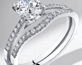 Parure nuptiale d'oxydes de zirconium, or blanc 14 carats, rond de 1 ct, accents d'oxydes de zirconium, bague de fiançailles et alliance, cadeau d'anniversaire