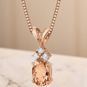 14K Rose Gold Morganite Pendant with Diamonds – Genuine Oval 7x5mm Solitaire Necklace for Women