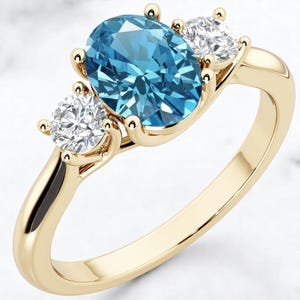 14K Yellow Gold Oval London Blue Topaz and Lab Grown Diamond Three Stone Trellis Ring – 1.60 Carat Gemstone Ring – Dainty Engagement Ring –