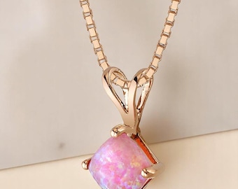 Pink Opal Cushion Cut Boxed Pendant, Solid 14K Rose Gold, 0.75 ct, October Birthstone, with Chain