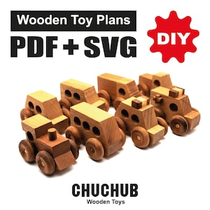 Peut inclure: Plusieurs véhicules jouets en bois faits à la main, dont un train, un bus et des camions, avec le grain du bois visible. L'image comprend le texte "Wooden Toy Plans PDF + SVG" et "DIY" dans une étoile rouge, et la marque "CHUCHUB Wooden Toys".