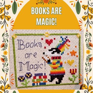 Books Are Magic counted cross stitch pattern: Badger Reading in Rainbow Sweater (PDF Download)