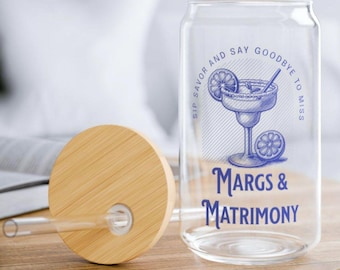 Margs and Matrimony Glass Tumbler: Bride to Be Gift with Bamboo Lid