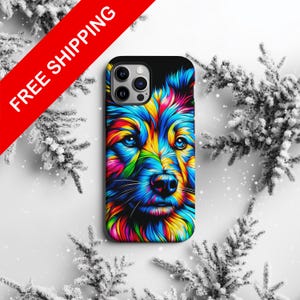 May include: A colorful phone case with a psychedelic wolf design. The case is black and features a multi-colored wolf with blue, green, yellow, and red accents.