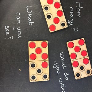 May include: Wooden dominoes with red spots and black circles are arranged on a dark surface. Handwritten text asks "What can you see?" and "How many?" The dominoes are a light brown colour.