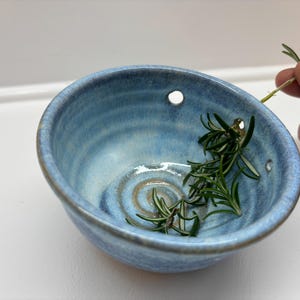 May include: A small, handmade ceramic bowl with a light blue glaze and a brown rim. The bowl has two small holes and contains sprigs of fresh rosemary. A hand is holding a sprig of rosemary over the bowl.