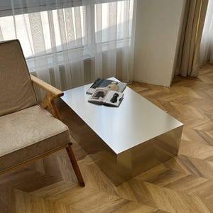 Minimalist auminium table. Metal coffee table. Living room table. Modern designer furniture. Side table.