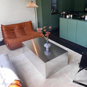 Aluminum Table. Minimalist Metal Coffee Table. Industrial Design. Modern Luxe Living. Stainless Steel Table. Modern Aesthetic Home Decor.