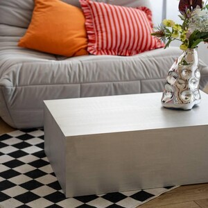 Designed Metal Table. Modern Brushed Aluminum Coffee Table. Minimalist Low Table. Industrial Style Living Room Furniture