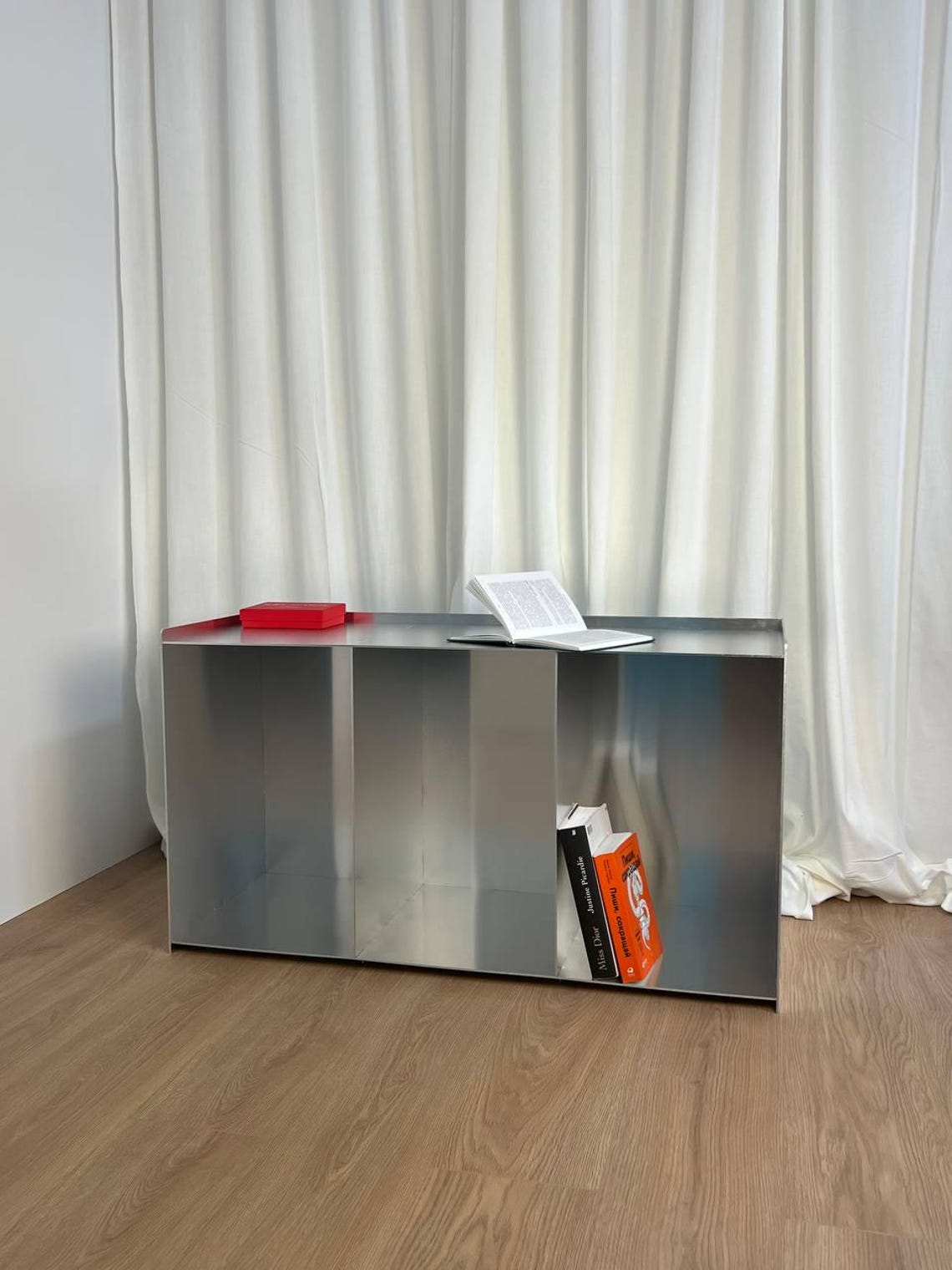 View of Stainless Steel Shelf. Minimalist Metal Bookcacase. Loft Style ...