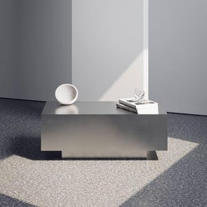 Modern Minimalist Metal Coffee Table. Brushed Stainless Steel Low Table.  Industrial Loft Accent Table.  Contemporary Geometric Design