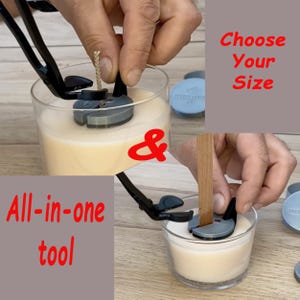 May include: An all-in-one candle tool with a wick trimmer and centering device. The tool is black and grey, and is being used on a candle in a clear glass container. The text "Choose Your Size" and "All-in-one tool" are visible.