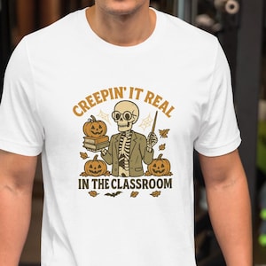 Halloween Lehrer Shirt, Skeleton Lehrer Geschenk für Back to School Lehrer Wertschätzung gespenstisches Halloween Shirt für Lehrer Retro Halloween