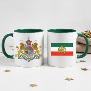 Taza persa, escudo de armas del Sha, Javid Shah, Pahlavi, bandera persa, diseño de doble cara, con color en el interior.