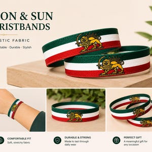 May include: Elastic wristbands with a green, white, and red striped design. Each wristband features a gold lion and sun emblem. The text "LION & SUN WRISTBANDS" is at the top of the image.