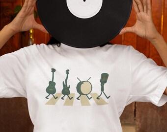 Retro Music Lover T-Shirt – Classic Rock Fan Tee, Vintage Band Silhouette Graphic Shirt, Crosswalk Art Tee for Music Fans