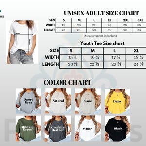 May include: A white t-shirt with size charts for unisex adult and youth tees. The adult chart lists sizes S to 3XL, with widths from 18 to 28 inches and lengths from 28 to 33 inches. The youth chart lists sizes S to XL.