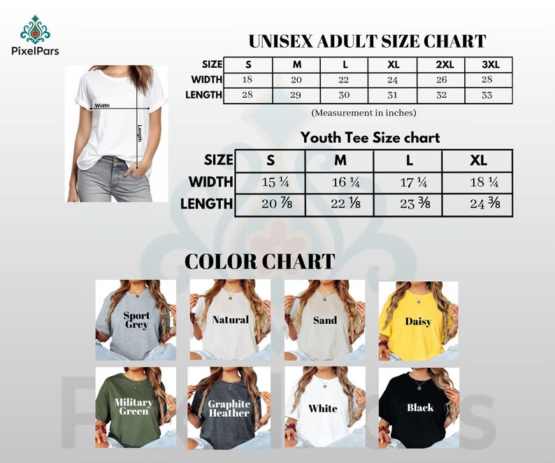 May include: A white t-shirt with size charts for unisex adult and youth tees. The adult chart lists sizes S to 3XL, with widths from 18 to 28 inches and lengths from 28 to 33 inches. The youth chart lists sizes S to XL.