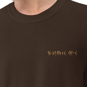 May include: A dark brown crewneck sweatshirt featuring a small, gold-colored graphic print on the right side of the chest. The graphic consists of a series of wedge-shaped symbols arranged in a horizontal line, resembling ancient cuneiform script.