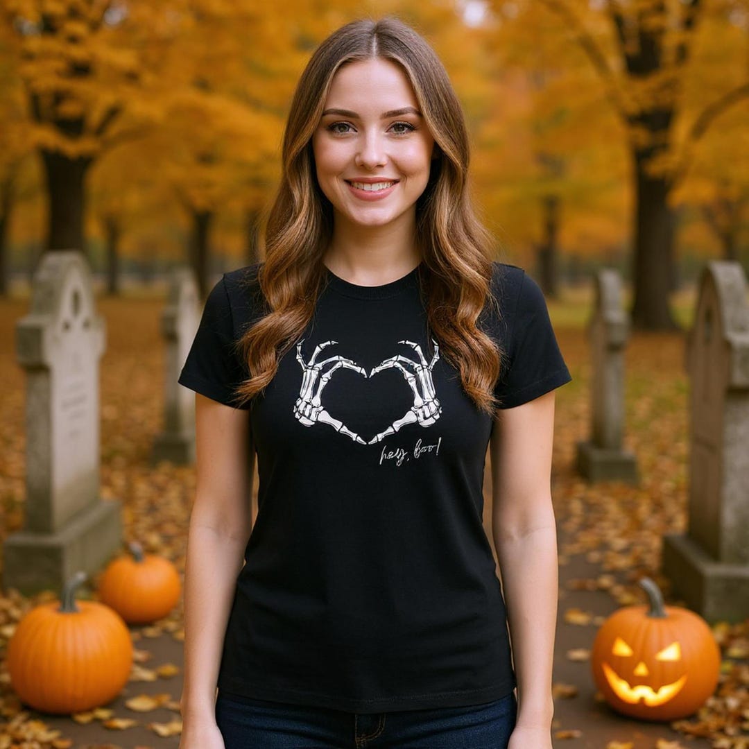Hey Boo Skeleton Hey Boo! Skeleton Hand Heart T-shirt - Spooky Cute Halloween Tee ...