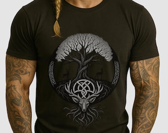 ユグドラシル鹿Tシャツ – 北欧神話の生命の樹と鹿のシンボルTシャツ – バイキングの森の精霊自然シャツ S～4XL ギフト