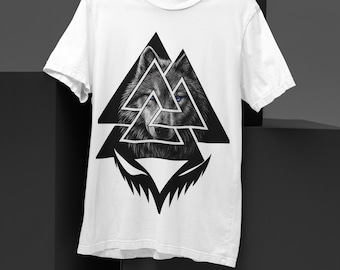 Maglietta con lupo Valknut – Maglietta con lupo vichingo della mitologia norrena – Maglietta con simbolo geometrico di Odino, unisex, taglia S–4XL, regalo