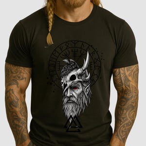 Odin Norse Myth T-Shirt – Viking God with Raven & Runes Design – Nordic Pagan Warrior Tee – Norse Symbol Gift Shirt