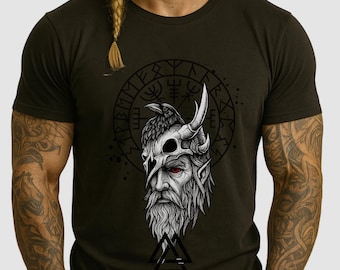 Odin Norse Myth T-Shirt – Viking God with Raven & Runes Design – Nordic Pagan Warrior Tee – Norse Symbol Gift Shirt