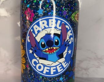 Blue Stitch Starbucks Snow Globe Tumbler – 16oz Suspended Flow Glitter Cup