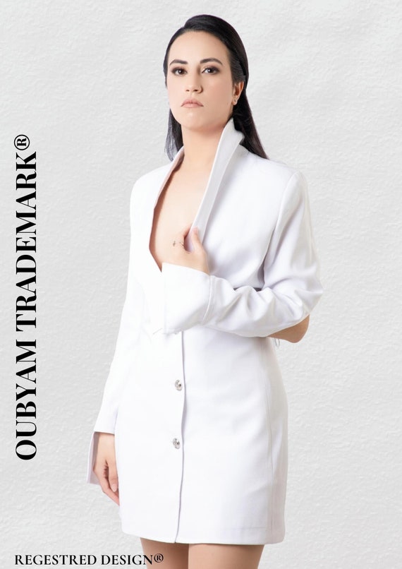 Fitted White Blazer Dress, Plunging V-Neck, Limited Edition