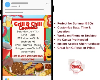 Grill & Chill Cookout Flyer Template | Editable Summer BBQ Canva Invite | Backyard Bash Event Flyer