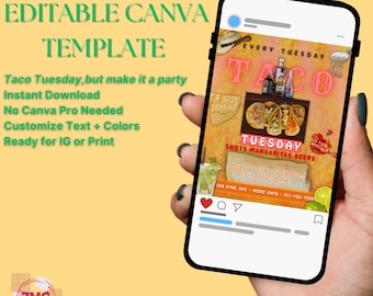 Plantilla de volante de Taco Tuesday / Promoción de club editable en Canva / Descarga digital de Neon Fiesta