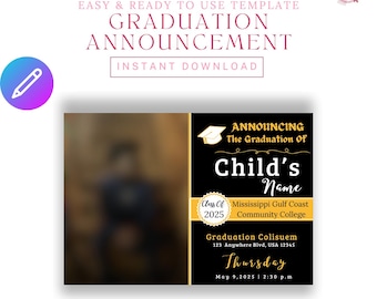 Graduation Announcement Template | High School or College | Editable Canva Flyer | Black & Gold Grad Invite