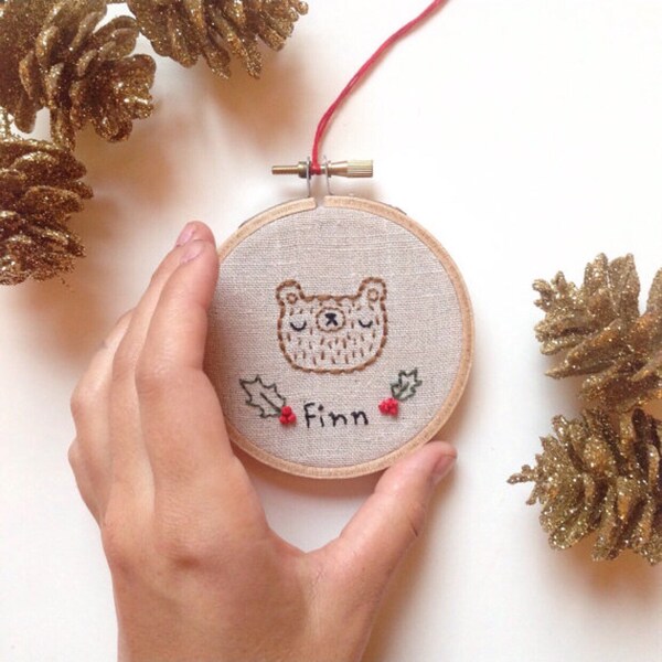 Last one until Fall16 - Personalized Name Christmas ornament, customized name embroidery, embroidered bear, hand embroidered christmas ornam