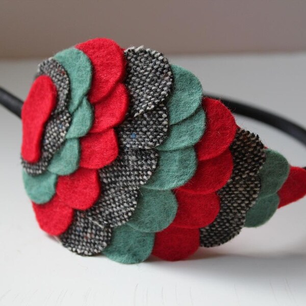 30% OFF SALE - Last one - Woodland Owl Wing Headband - Vintage Teal, Tweed and Red - Made to order