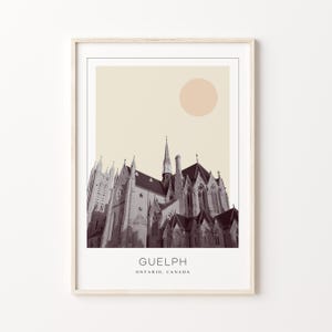 May include: A black and white photograph of a church in Guelph, Ontario, Canada. The church has a tall spire and many windows. The sky is a light beige colour with a large, peach-coloured circle in the centre.