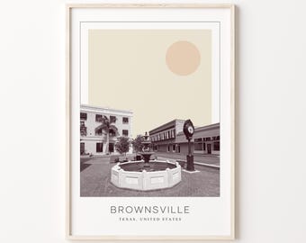 Brownsville poster print, Brownsville reisposter, Brownsville minimalistische muurkunst, Brownsville, Texas, Verenigde Staten