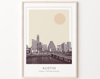 Impression d&#39;affiche d&#39;Austin, affiche de voyage d&#39;Austin, art mural minimaliste d&#39;Austin, Austin, Texas, États-Unis