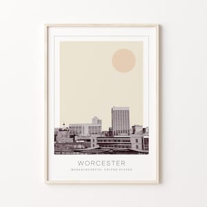 Worcester poster print, Worcester reisposter, Worcester minimalistische muurkunst, Worcester, Massachusetts, Verenigde Staten
