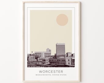 Worcester Poster Print, Worcester Travel Poster, Worcester Minimalistic Wall Art, Worcester, Massachusetts, United States