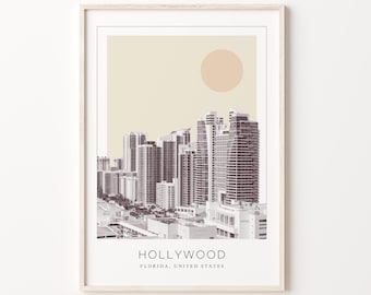 Hollywood-posterafdruk, Hollywood-reisposter, Hollywood minimalistische muurkunst, Hollywood, Florida, Verenigde Staten