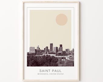 May include: A black and white photograph of the Saint Paul skyline with a beige background and a peach-coloured circle in the top right corner. The text "SAINT PAUL" and "MINNESOTA, UNITED STATES" is printed below the image.