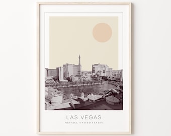 May include: A black and white photograph of the Las Vegas skyline with a large, pale orange sun in the background. The text "LAS VEGAS, NEVADA, UNITED STATES" is printed below the image.